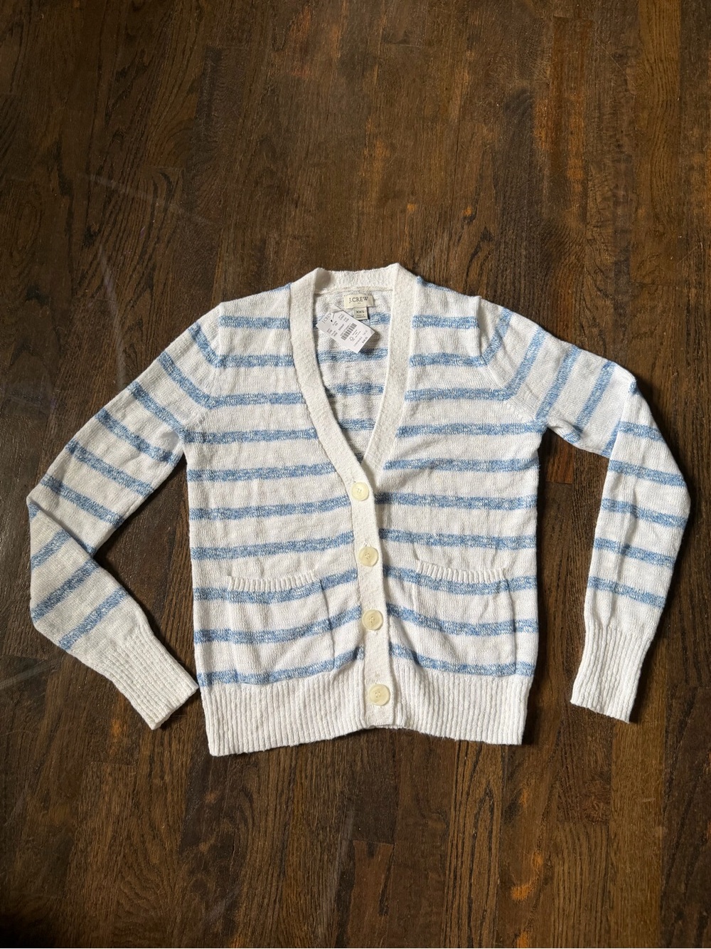 Sz xxs J. Crew v neck button down white + blue stripe light knit sweater